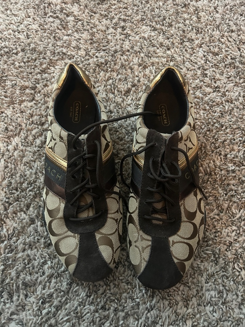 Coach Monogram Lace-Up Sneakers in Brown & Gold Accents